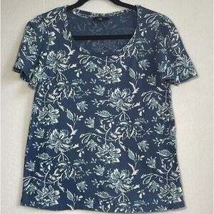 Lucky Brand Shirt Women Small Blue Flowers Short Sleeve Round Neck Casual Light